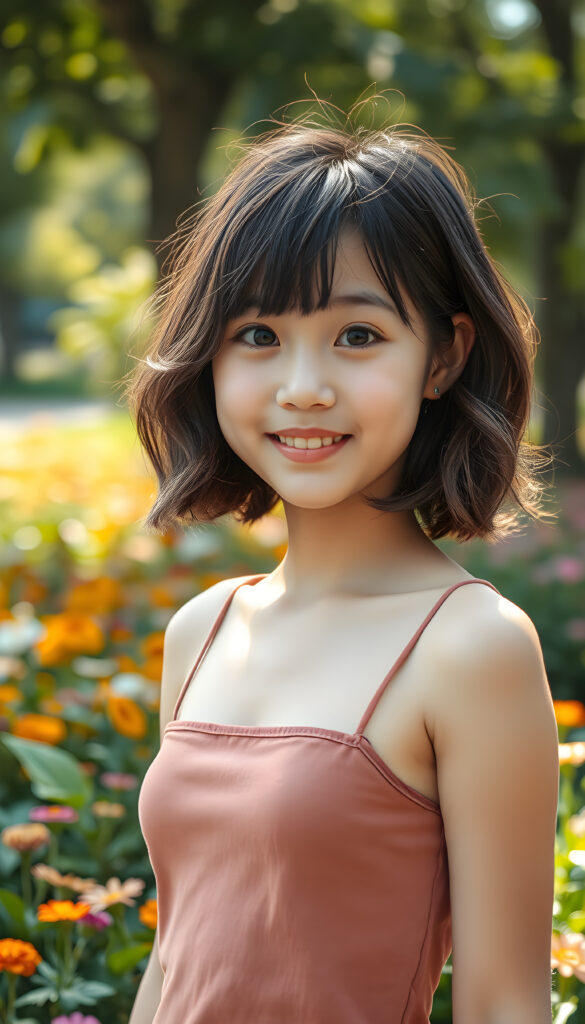 A young Korean girl with captivating black wavy hair same length right an left side, adorned with light brown highlights cascades into a chic bob cut, her bangs framing her round, radiant face. Her eyes are a deep, enchanting black, brimming with warmth and joy. Her smile is radiant, revealing full, plump, and kissable lips that radiate happiness. She stands in a vibrant park, her thin and petite figure dressed in a stylish plain cropped tank top, blending seamlessly into the lush greenery and colorful flowers surrounding her. The scene is bathed in soft, golden sunlight, casting a warm glow that accentuates her features and the playful, whimsical atmosphere.