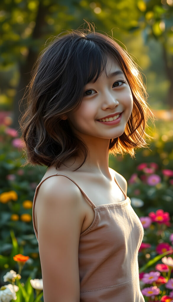 A young Korean girl with captivating black wavy hair same length right an left side, adorned with light brown highlights cascades into a chic bob cut, her bangs framing her round, radiant face. Her eyes are a deep, enchanting black, brimming with warmth and joy. Her smile is radiant, revealing full, plump, and kissable lips that radiate happiness. She stands in a vibrant park, her thin and petite figure dressed in a stylish plain cropped tank top, blending seamlessly into the lush greenery and colorful flowers surrounding her. The scene is bathed in soft, golden sunlight, casting a warm glow that accentuates her features and the playful, whimsical atmosphere.