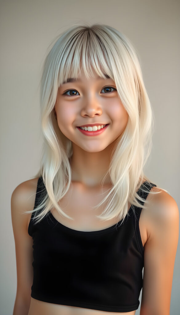A young Korean girl with long, soft platinum white hair styled in loose waves, her bangs gently framing her round face. She has round, deep black eyes and a warm, inviting smile showing her white teeth. Her full lips are slightly glossed, giving her a youthful and approachable appearance. She is dressed in a stylish black cropped tank top that accentuates her slender figure, standing against a soft, light grey backdrop. The image is vibrant and colorful, with warm lighting that highlights her joyful expression and enhances the textures of her hair and clothing, creating a cheerful and uplifting atmosphere.
