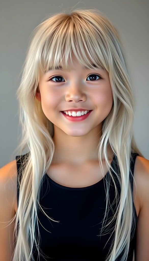 A young Korean girl with long, soft platinum white hair styled in loose waves, her bangs gently framing her round face. She has round, deep black eyes and a warm, inviting smile showing her white teeth. Her full lips are slightly glossed, giving her a youthful and approachable appearance. She is dressed in a stylish black cropped tank top that accentuates her slender figure, standing against a soft, light grey backdrop. The image is vibrant and colorful, with warm lighting that highlights her joyful expression and enhances the textures of her hair and clothing, creating a cheerful and uplifting atmosphere.
