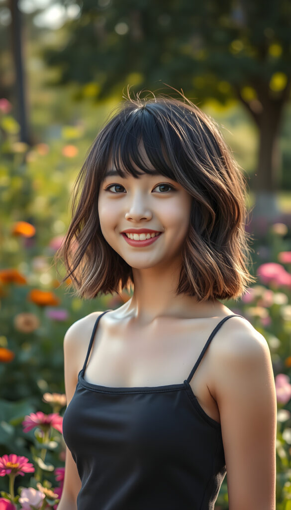A young Korean girl with captivating black wavy hair same length right an left side, adorned with light brown highlights cascades into a chic bob cut, her bangs framing her round, radiant face. Her eyes are a deep, enchanting black, brimming with warmth and joy. Her smile is radiant, revealing full, plump, and kissable lips that radiate happiness. She stands in a vibrant park, her thin and petite figure dressed in a stylish plain cropped tank top, blending seamlessly into the lush greenery and colorful flowers surrounding her. The scene is bathed in soft, golden sunlight, casting a warm glow that accentuates her features and the playful, whimsical atmosphere.