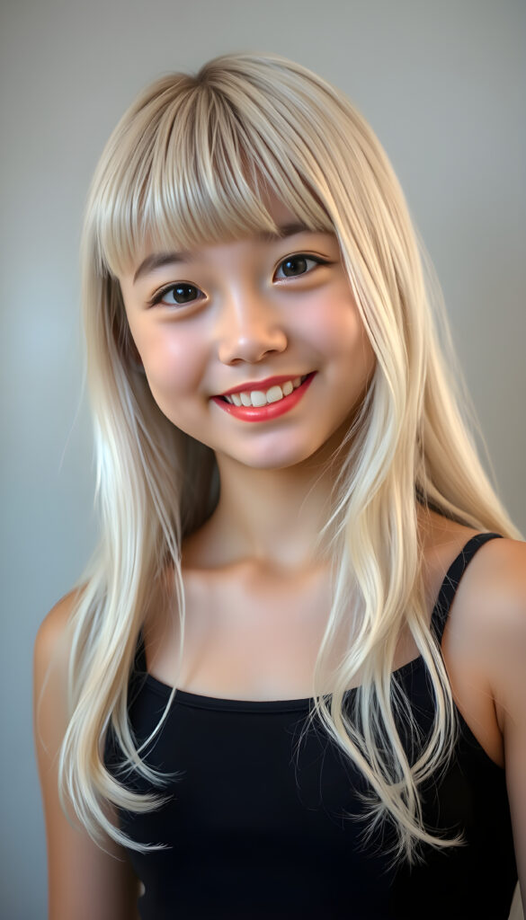 A young Korean girl with long, soft platinum white hair styled in loose waves, her bangs gently framing her round face. She has round, deep black eyes and a warm, inviting smile showing her white teeth. Her full lips are slightly glossed, giving her a youthful and approachable appearance. She is dressed in a stylish black cropped tank top that accentuates her slender figure, standing against a soft, light grey backdrop. The image is vibrant and colorful, with warm lighting that highlights her joyful expression and enhances the textures of her hair and clothing, creating a cheerful and uplifting atmosphere.