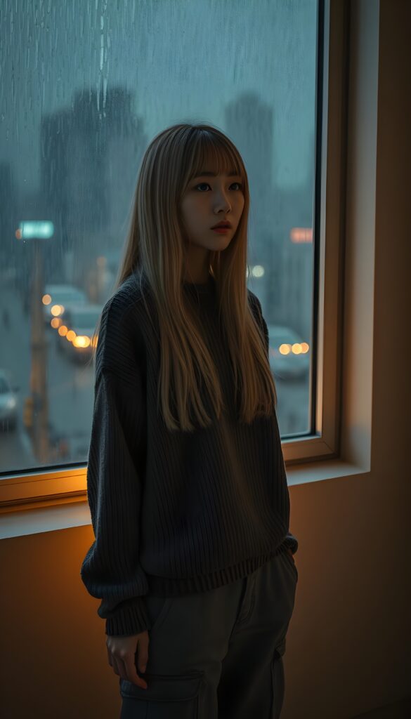 A young Korean girl in a cozy, thin sweater and grey cargo pants, long straight soft white hair and blond highlights, stands by a large window at a rain-soaked cityscape. The room is dimly lit by a warm light, casting soft shadows across the walls. Outside, the rain creates a shimmering curtain, reflecting the glow of distant streetlights. The girl's expression is contemplative, her eyes reflecting the melancholy beauty of the night. View from the front.