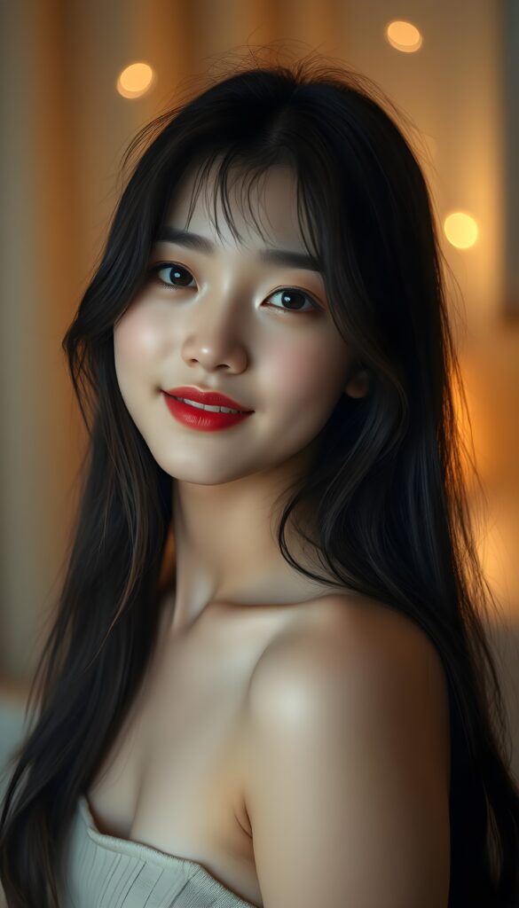 A young Korean teen girl with a pale complexion, long straight black soft and slightly wavy hair cascading over her shoulders, and expressive black eyes shines with a gentle, endearing smile. Her dark red lipstick adds a pop of color to her face, which is meticulously detailed, highlighting her beauty. The scene is set in a cozy, softly room, with a backdrop of warm, golden hues and soft, ambient light creating a dreamy atmosphere. The image captures her from a slightly lower angle, emphasizing her graceful posture and the serene, innocent charm of her teenage years. The composition is both intimate and flattering, showcasing her natural beauty and the subtle play of light on her features, making the image captivating and memorable.