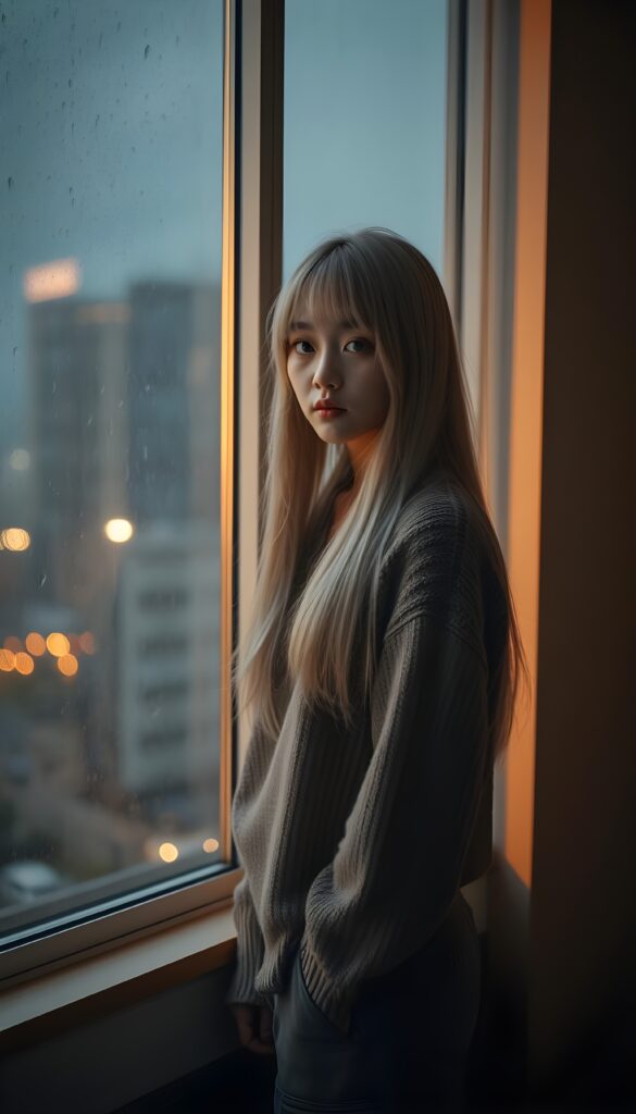A young Korean girl in a cozy, thin sweater and grey cargo pants, long straight soft white hair and blond highlights, stands by a large window at a rain-soaked cityscape. The room is dimly lit by a warm light, casting soft shadows across the walls. Outside, the rain creates a shimmering curtain, reflecting the glow of distant streetlights. The girl's expression is contemplative, her eyes reflecting the melancholy beauty of the night. View from the front.