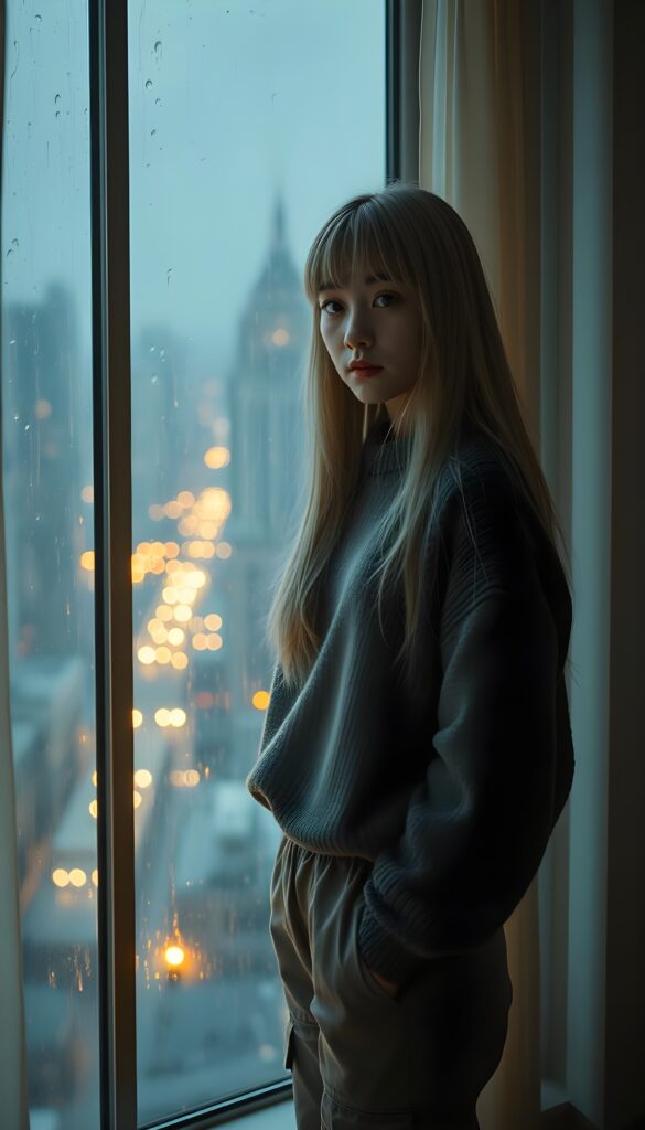 A young Korean girl in a cozy, thin sweater and grey cargo pants, long straight soft white hair and blond highlights, stands by a large window at a rain-soaked cityscape. The room is dimly lit by a warm light, casting soft shadows across the walls. Outside, the rain creates a shimmering curtain, reflecting the glow of distant streetlights. The girl's expression is contemplative, her eyes reflecting the melancholy beauty of the night. View from the front.