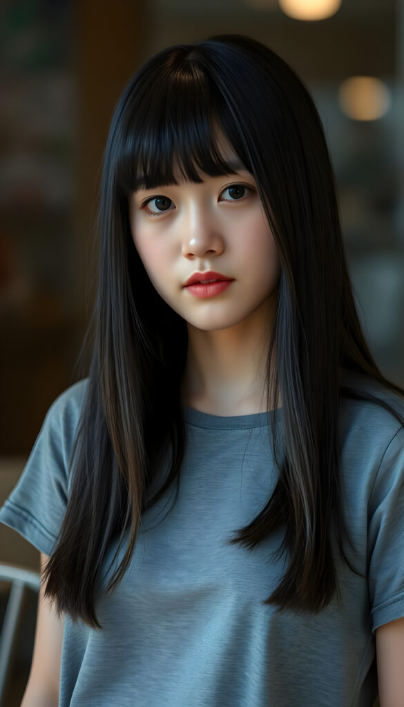 A young Korean girl with striking, straight shoulder-long black hair framing her face, her bangs styled in a perfect side part. She is dressed in a grey sleek t-shirt, perfect female curved body.