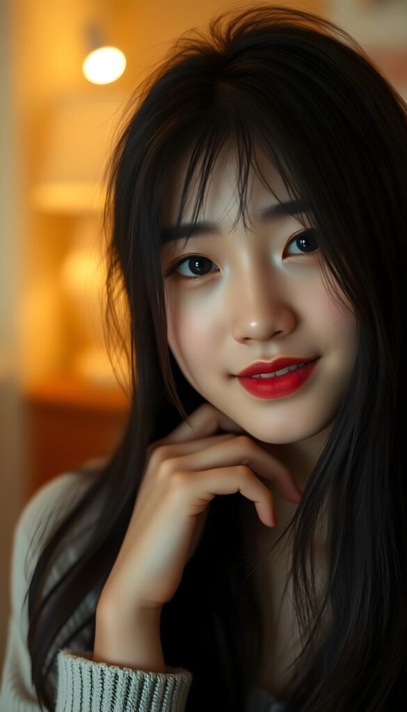 A young Korean teen girl with a pale complexion, long straight black soft and slightly wavy hair cascading over her shoulders, and expressive black eyes shines with a gentle, endearing smile. Her dark red lipstick adds a pop of color to her face, which is meticulously detailed, highlighting her beauty. The scene is set in a cozy, softly room, with a backdrop of warm, golden hues and soft, ambient light creating a dreamy atmosphere. The image captures her from a slightly lower angle, emphasizing her graceful posture and the serene, innocent charm of her teenage years. The composition is both intimate and flattering, showcasing her natural beauty and the subtle play of light on her features, making the image captivating and memorable.