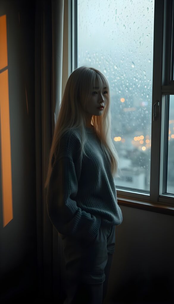 A young Korean girl in a cozy, thin sweater and grey cargo pants, long straight soft white hair and blond highlights, stands by a large window at a rain-soaked cityscape. The room is dimly lit by a warm light, casting soft shadows across the walls. Outside, the rain creates a shimmering curtain, reflecting the glow of distant streetlights. The girl's expression is contemplative, her eyes reflecting the melancholy beauty of the night. View from the front.