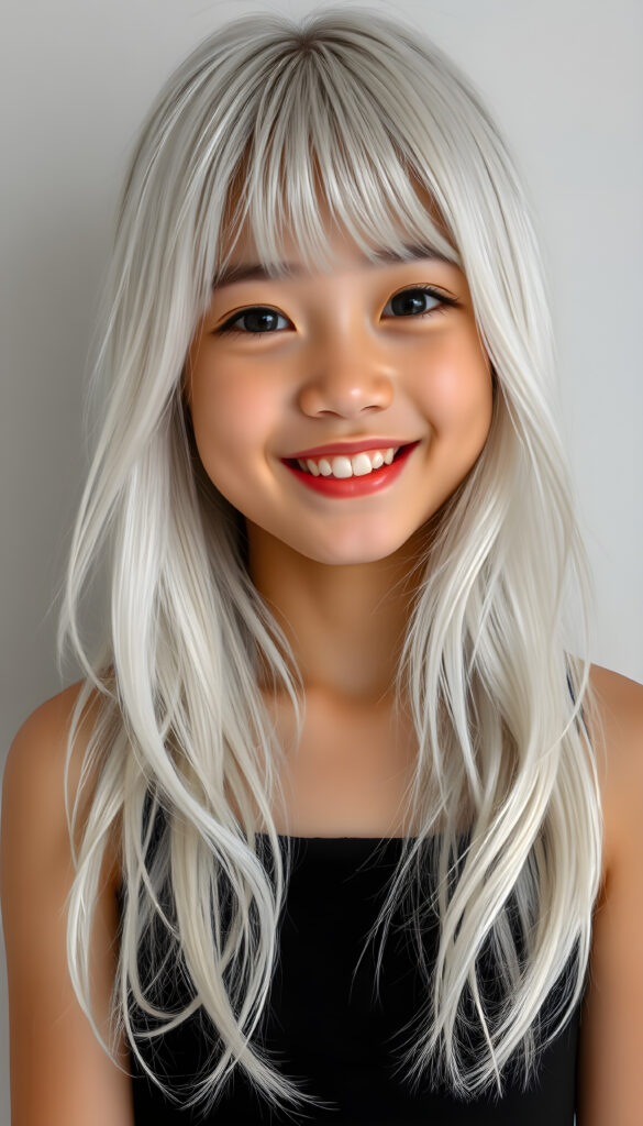 A young Korean girl with long, soft platinum white hair styled in loose waves, her bangs gently framing her round face. She has round, deep black eyes and a warm, inviting smile showing her white teeth. Her full lips are slightly glossed, giving her a youthful and approachable appearance. She is dressed in a stylish black cropped tank top that accentuates her slender figure, standing against a soft, light grey backdrop. The image is vibrant and colorful, with warm lighting that highlights her joyful expression and enhances the textures of her hair and clothing, creating a cheerful and uplifting atmosphere.