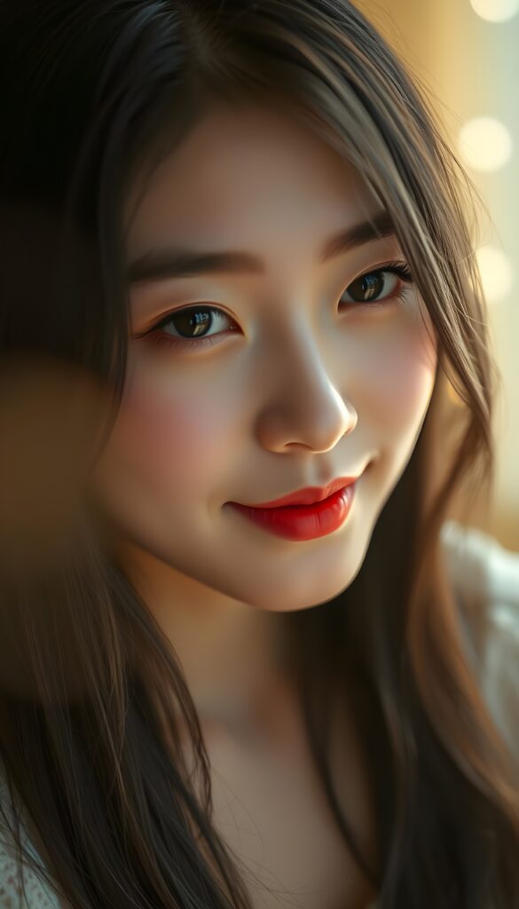 A young Korean teen girl with a pale complexion, long straight black soft and slightly wavy hair cascading over her shoulders, and expressive black eyes shines with a gentle, endearing smile. Her dark red lipstick adds a pop of color to her face, which is meticulously detailed, highlighting her beauty. The scene is set in a cozy, softly room, with a backdrop of warm, golden hues and soft, ambient light creating a dreamy atmosphere. The image captures her from a slightly lower angle, emphasizing her graceful posture and the serene, innocent charm of her teenage years. The composition is both intimate and flattering, showcasing her natural beauty and the subtle play of light on her features, making the image captivating and memorable.