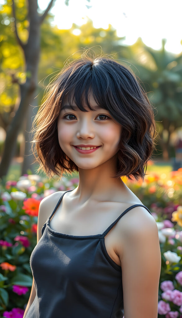 A young Korean girl with captivating black wavy hair same length right an left side, adorned with light brown highlights cascades into a chic bob cut, her bangs framing her round, radiant face. Her eyes are a deep, enchanting black, brimming with warmth and joy. Her smile is radiant, revealing full, plump, and kissable lips that radiate happiness. She stands in a vibrant park, her thin and petite figure dressed in a stylish plain cropped tank top, blending seamlessly into the lush greenery and colorful flowers surrounding her. The scene is bathed in soft, golden sunlight, casting a warm glow that accentuates her features and the playful, whimsical atmosphere.