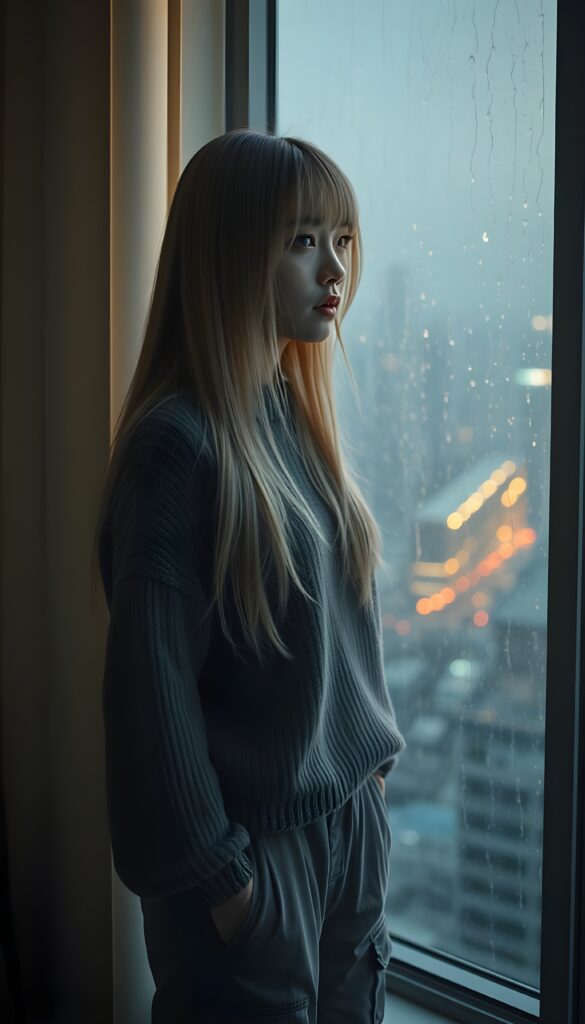 A young Korean girl in a cozy, thin sweater and grey cargo pants, long straight soft white hair and blond highlights, stands by a large window at a rain-soaked cityscape. The room is dimly lit by a warm light, casting soft shadows across the walls. Outside, the rain creates a shimmering curtain, reflecting the glow of distant streetlights. The girl's expression is contemplative, her eyes reflecting the melancholy beauty of the night. View from the front.