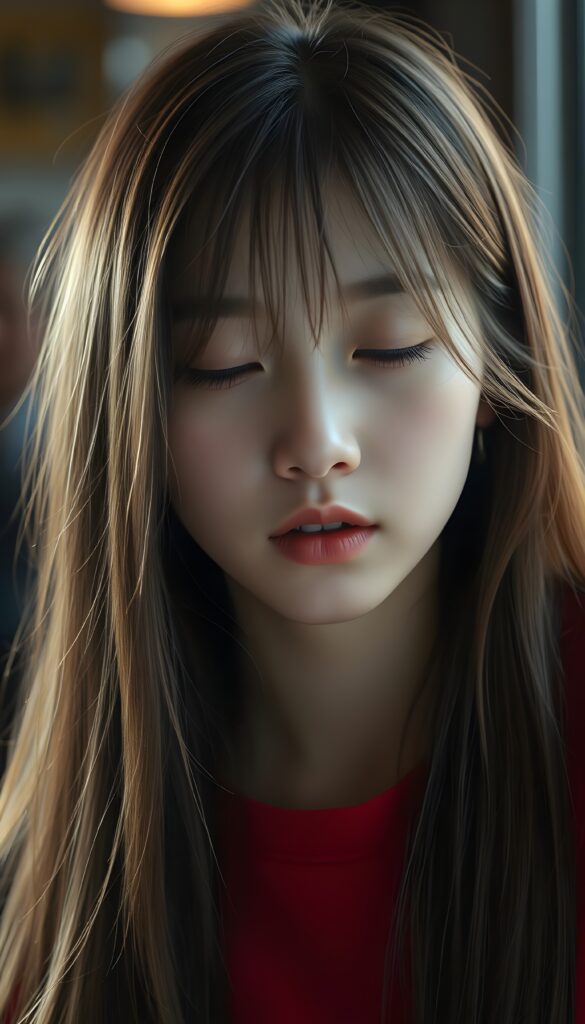A young Korean girl with long, straight hazelnut brown hair and blond highlights. Her lips are round and red, ready for a kiss. Slightly open mouth. Half closed eyes. She wears a fine plain red t-shirt.
