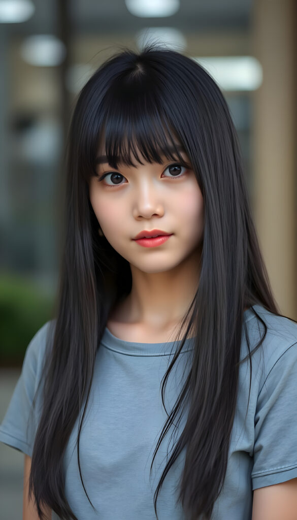 A young Korean girl with striking, straight shoulder-long black hair framing her face, her bangs styled in a perfect side part. She is dressed in a grey sleek t-shirt, perfect female curved body.
