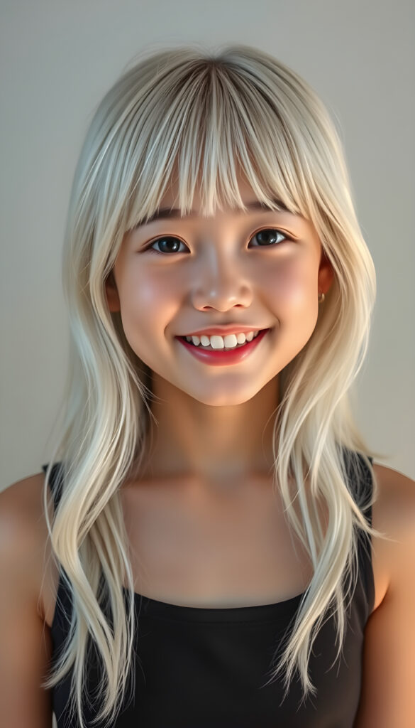 A young Korean girl with long, soft platinum white hair styled in loose waves, her bangs gently framing her round face. She has round, deep black eyes and a warm, inviting smile showing her white teeth. Her full lips are slightly glossed, giving her a youthful and approachable appearance. She is dressed in a stylish black cropped tank top that accentuates her slender figure, standing against a soft, light grey backdrop. The image is vibrant and colorful, with warm lighting that highlights her joyful expression and enhances the textures of her hair and clothing, creating a cheerful and uplifting atmosphere.