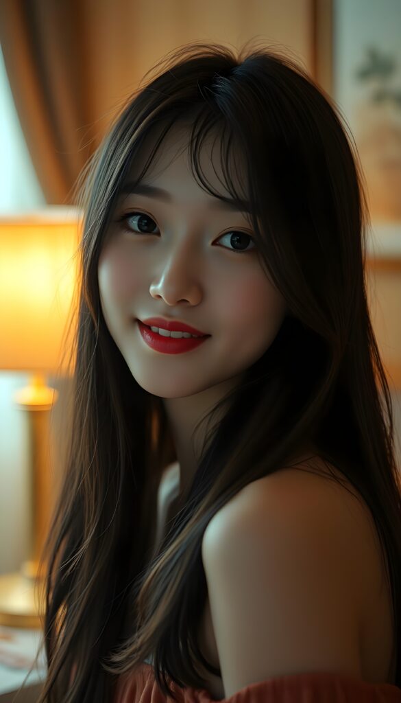 A young Korean teen girl with a pale complexion, long straight black soft and slightly wavy hair cascading over her shoulders, and expressive black eyes shines with a gentle, endearing smile. Her dark red lipstick adds a pop of color to her face, which is meticulously detailed, highlighting her beauty. The scene is set in a cozy, softly room, with a backdrop of warm, golden hues and soft, ambient light creating a dreamy atmosphere. The image captures her from a slightly lower angle, emphasizing her graceful posture and the serene, innocent charm of her teenage years. The composition is both intimate and flattering, showcasing her natural beauty and the subtle play of light on her features, making the image captivating and memorable.
