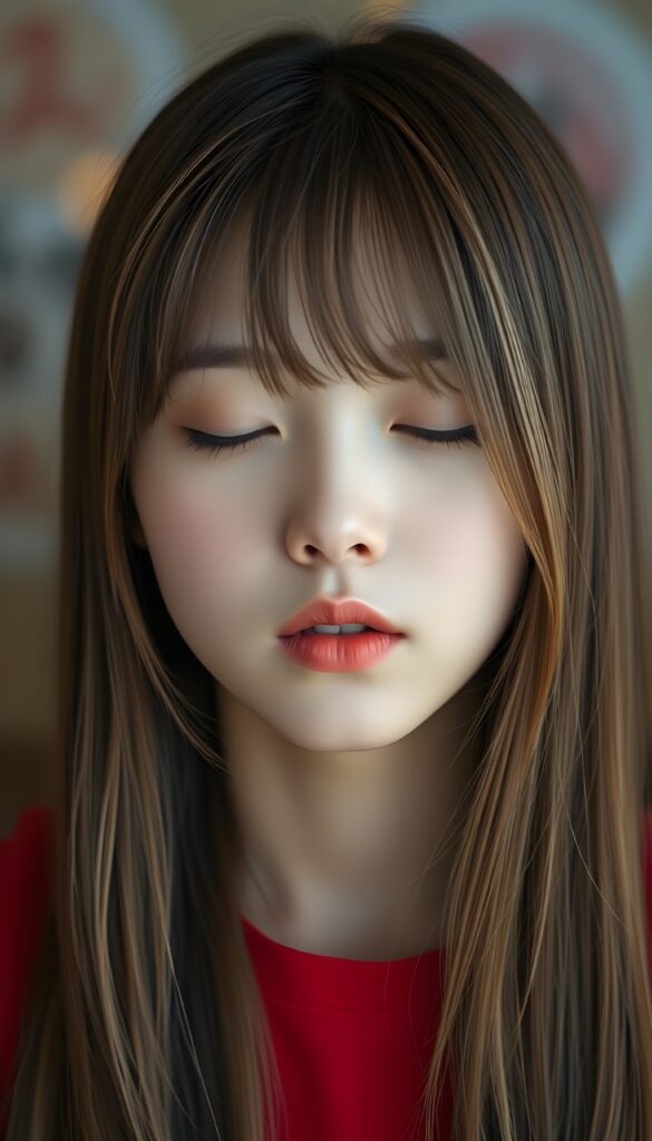 A young Korean girl with long, straight hazelnut brown hair and blond highlights. Her lips are round and red, ready for a kiss. Slightly open mouth. Half closed eyes. She wears a fine plain red t-shirt.