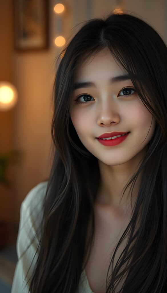 A young Korean teen girl with a pale complexion, long straight black soft and slightly wavy hair cascading over her shoulders, and expressive black eyes shines with a gentle, endearing smile. Her dark red lipstick adds a pop of color to her face, which is meticulously detailed, highlighting her beauty. The scene is set in a cozy, softly room, with a backdrop of warm, golden hues and soft, ambient light creating a dreamy atmosphere. The image captures her from a slightly lower angle, emphasizing her graceful posture and the serene, innocent charm of her teenage years. The composition is both intimate and flattering, showcasing her natural beauty and the subtle play of light on her features, making the image captivating and memorable.