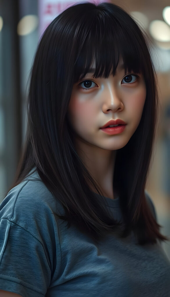 A young Korean girl with striking, straight shoulder-long black hair framing her face, her bangs styled in a perfect side part. She is dressed in a grey sleek t-shirt, perfect female curved body.