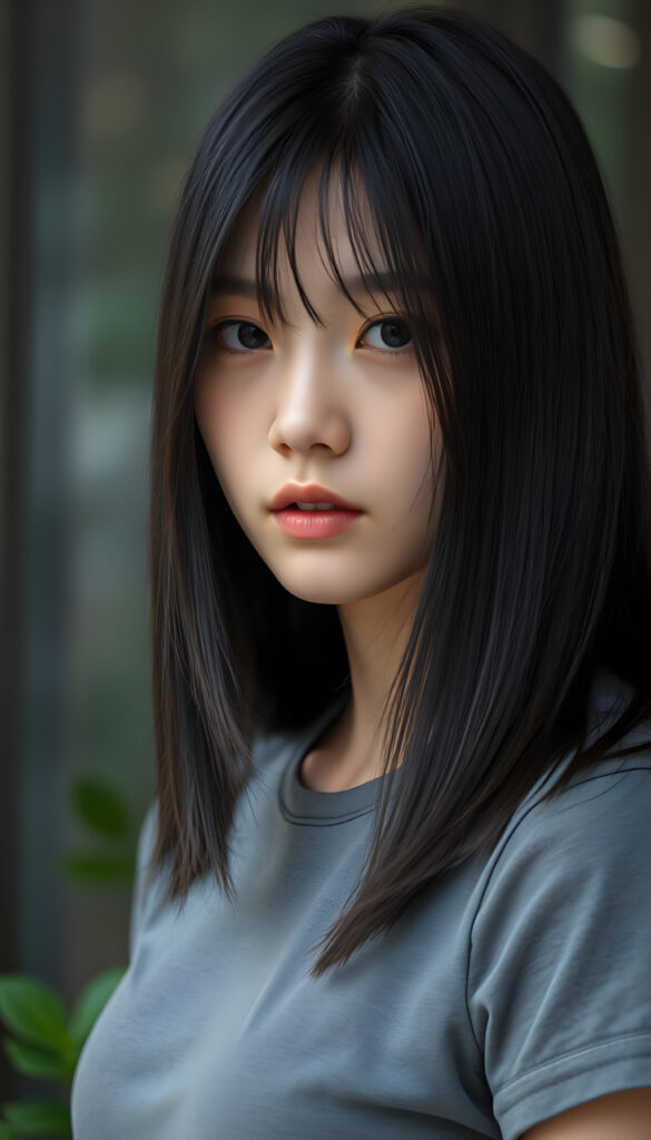 A young Korean girl with striking, straight shoulder-long black hair framing her face, her bangs styled in a perfect side part. She is dressed in a grey sleek t-shirt, perfect female curved body.