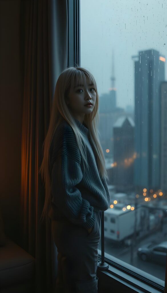 A young Korean girl in a cozy, thin sweater and grey cargo pants, long straight soft white hair and blond highlights, stands by a large window at a rain-soaked cityscape. The room is dimly lit by a warm light, casting soft shadows across the walls. Outside, the rain creates a shimmering curtain, reflecting the glow of distant streetlights. The girl's expression is contemplative, her eyes reflecting the melancholy beauty of the night. View from the front.