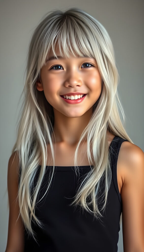A young Korean girl with long, soft platinum white hair styled in loose waves, her bangs gently framing her round face. She has round, deep black eyes and a warm, inviting smile showing her white teeth. Her full lips are slightly glossed, giving her a youthful and approachable appearance. She is dressed in a stylish black cropped tank top that accentuates her slender figure, standing against a soft, light grey backdrop. The image is vibrant and colorful, with warm lighting that highlights her joyful expression and enhances the textures of her hair and clothing, creating a cheerful and uplifting atmosphere.