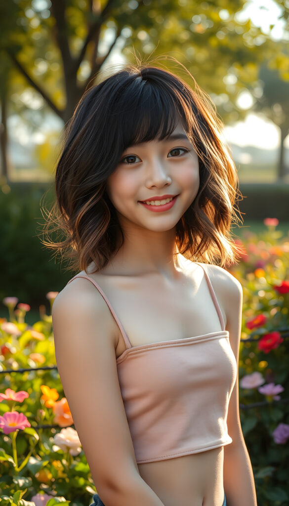 A young Korean girl with captivating black wavy hair same length right an left side, adorned with light brown highlights cascades into a chic bob cut, her bangs framing her round, radiant face. Her eyes are a deep, enchanting black, brimming with warmth and joy. Her smile is radiant, revealing full, plump, and kissable lips that radiate happiness. She stands in a vibrant park, her thin and petite figure dressed in a stylish plain cropped tank top, blending seamlessly into the lush greenery and colorful flowers surrounding her. The scene is bathed in soft, golden sunlight, casting a warm glow that accentuates her features and the playful, whimsical atmosphere.