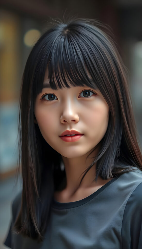 A young Korean girl with striking, straight shoulder-long black hair framing her face, her bangs styled in a perfect side part. She is dressed in a grey sleek t-shirt, perfect female curved body.