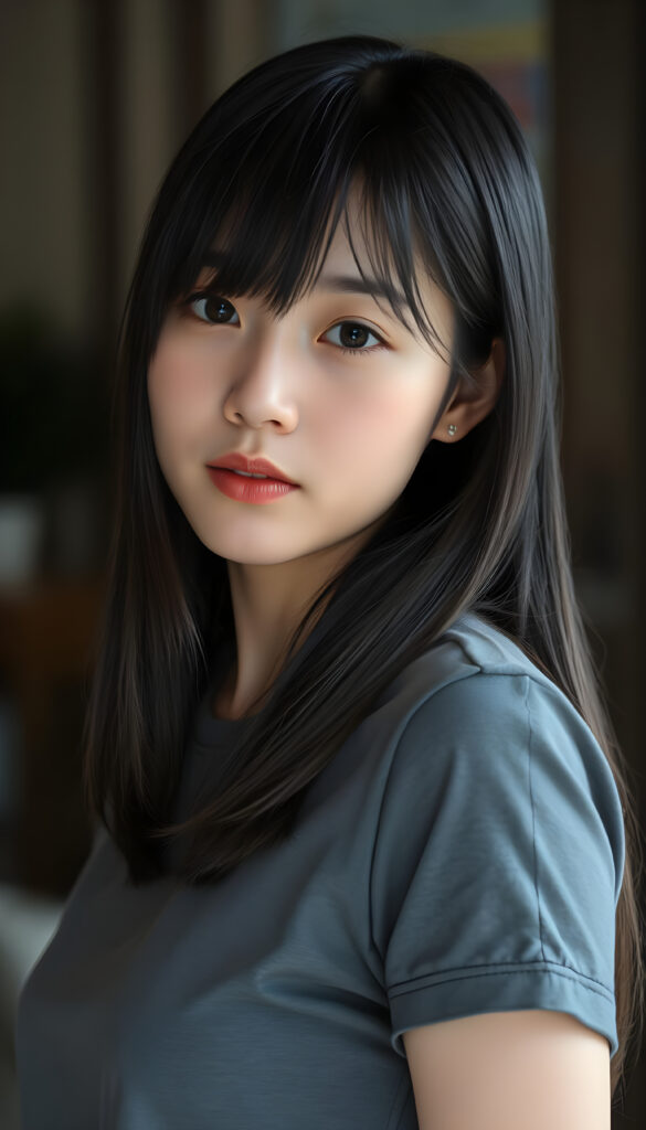 A young Korean girl with striking, straight shoulder-long black hair framing her face, her bangs styled in a perfect side part. She is dressed in a grey sleek t-shirt, perfect female curved body.