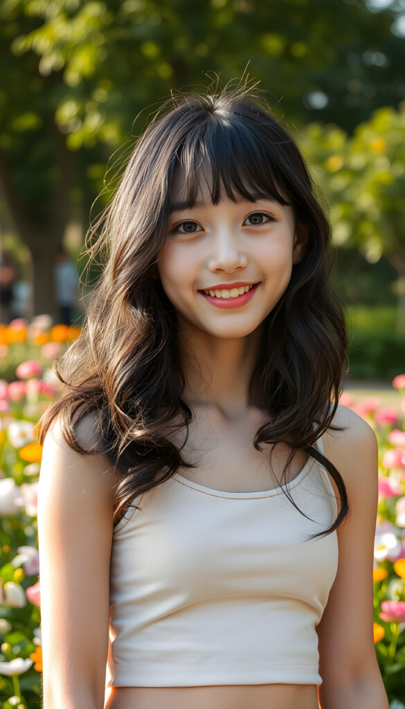 A young Korean girl with captivating black wavy hair same length right an left side, adorned with light brown highlights cascades into a chic bob cut, her bangs framing her round, radiant face. Her eyes are a deep, enchanting black, brimming with warmth and joy. Her smile is radiant, revealing full, plump, and kissable lips that radiate happiness. She stands in a vibrant park, her thin and petite figure dressed in a stylish plain cropped tank top, blending seamlessly into the lush greenery and colorful flowers surrounding her. The scene is bathed in soft, golden sunlight, casting a warm glow that accentuates her features and the playful, whimsical atmosphere.