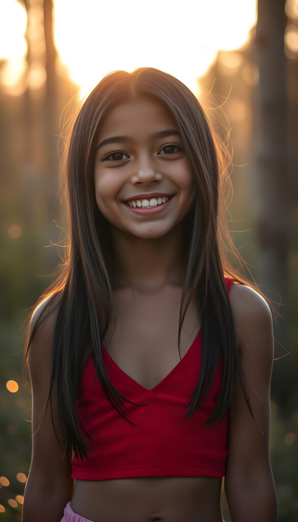 A young Latina girl with long, flowing dark brown hair, styled in a soft bob, stands with a radiant smile, her eyes shimmering with curiosity. Her lips are slightly parted, revealing perfectly white teeth, as if she's about to share a secret. She's dressed in a vibrant red, cropped tank top with a deep V-neck, set against a backdrop of soft, warm sunset hues. The lighting is golden, casting a gentle glow that highlights her youthful innocence and beauty. She's surrounded by a whimsical, magical forest with glowing fireflies and tall, lush trees, creating a dreamlike atmosphere. Her expression is one of joy and anticipation, as if she's waiting for a friend to join her in this enchanted scene.