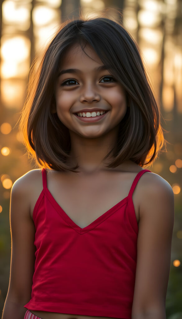 A young Latina girl with long, flowing dark brown hair, styled in a soft bob, stands with a radiant smile, her eyes shimmering with curiosity. Her lips are slightly parted, revealing perfectly white teeth, as if she's about to share a secret. She's dressed in a vibrant red, cropped tank top with a deep V-neck, set against a backdrop of soft, warm sunset hues. The lighting is golden, casting a gentle glow that highlights her youthful innocence and beauty. She's surrounded by a whimsical, magical forest with glowing fireflies and tall, lush trees, creating a dreamlike atmosphere. Her expression is one of joy and anticipation, as if she's waiting for a friend to join her in this enchanted scene.