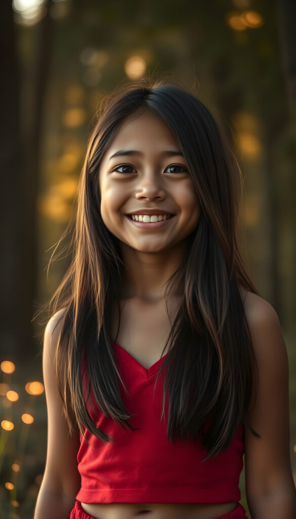 A young Latina girl with long, flowing dark brown hair, styled in a soft bob, stands with a radiant smile, her eyes shimmering with curiosity. Her lips are slightly parted, revealing perfectly white teeth, as if she's about to share a secret. She's dressed in a vibrant red, cropped tank top with a deep V-neck, set against a backdrop of soft, warm sunset hues. The lighting is golden, casting a gentle glow that highlights her youthful innocence and beauty. She's surrounded by a whimsical, magical forest with glowing fireflies and tall, lush trees, creating a dreamlike atmosphere. Her expression is one of joy and anticipation, as if she's waiting for a friend to join her in this enchanted scene.