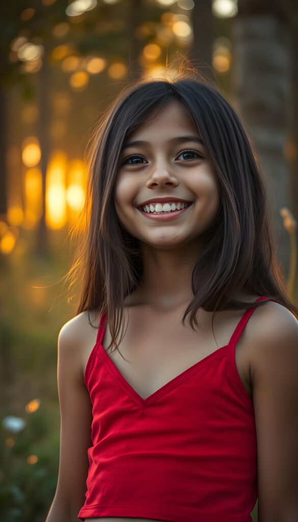 A young Latina girl with long, flowing dark brown hair, styled in a soft bob, stands with a radiant smile, her eyes shimmering with curiosity. Her lips are slightly parted, revealing perfectly white teeth, as if she's about to share a secret. She's dressed in a vibrant red, cropped tank top with a deep V-neck, set against a backdrop of soft, warm sunset hues. The lighting is golden, casting a gentle glow that highlights her youthful innocence and beauty. She's surrounded by a whimsical, magical forest with glowing fireflies and tall, lush trees, creating a dreamlike atmosphere. Her expression is one of joy and anticipation, as if she's waiting for a friend to join her in this enchanted scene.
