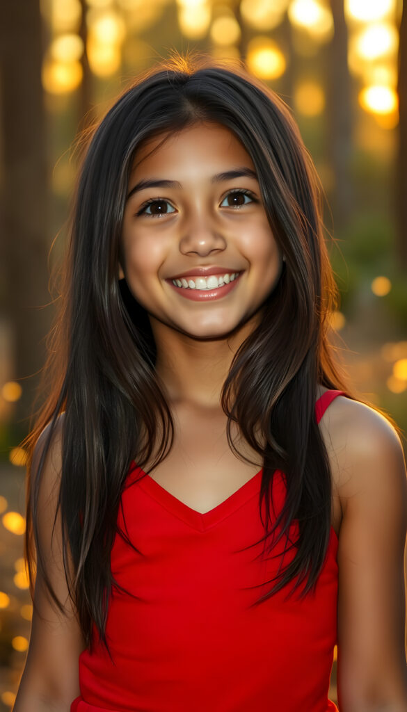 A young Latina girl with long, flowing dark brown hair, styled in a soft bob, stands with a radiant smile, her eyes shimmering with curiosity. Her lips are slightly parted, revealing perfectly white teeth, as if she's about to share a secret. She's dressed in a vibrant red, cropped tank top with a deep V-neck, set against a backdrop of soft, warm sunset hues. The lighting is golden, casting a gentle glow that highlights her youthful innocence and beauty. She's surrounded by a whimsical, magical forest with glowing fireflies and tall, lush trees, creating a dreamlike atmosphere. Her expression is one of joy and anticipation, as if she's waiting for a friend to join her in this enchanted scene.