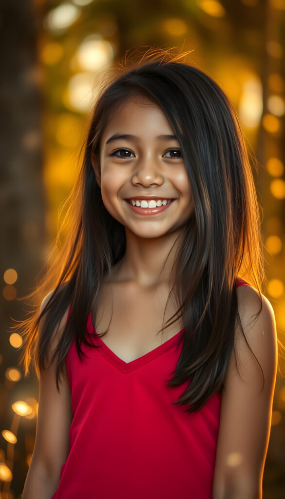 A young Latina girl with long, flowing dark brown hair, styled in a soft bob, stands with a radiant smile, her eyes shimmering with curiosity. Her lips are slightly parted, revealing perfectly white teeth, as if she's about to share a secret. She's dressed in a vibrant red, cropped tank top with a deep V-neck, set against a backdrop of soft, warm sunset hues. The lighting is golden, casting a gentle glow that highlights her youthful innocence and beauty. She's surrounded by a whimsical, magical forest with glowing fireflies and tall, lush trees, creating a dreamlike atmosphere. Her expression is one of joy and anticipation, as if she's waiting for a friend to join her in this enchanted scene.