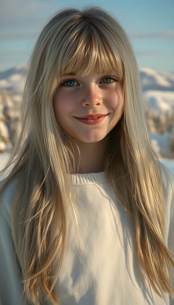 A young Nordic girl with long, flowing white soft fine detailed hair and bangs that frame her heart-shaped face, her dark blue eyes sparkling with warmth, stands in a dreamy, snowy landscape. Her soft, radiant smile illuminates her flawless skin. She wears a white silk sweater that hugs her curves, casting delicate shadows on the snow. The scene is bathed in a soft, golden light, enhancing the ethereal beauty of the moment. The background features a serene, snow-covered forest with distant mountains, adding depth and a sense of tranquility. This composition captures the essence of pure joy and innocence in a captivating, high-resolution 4K image.
