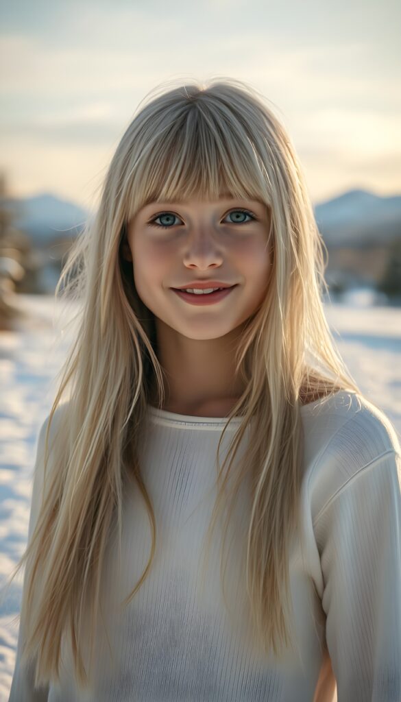 A young Nordic girl with long, flowing white soft fine detailed hair and bangs that frame her heart-shaped face, her dark blue eyes sparkling with warmth, stands in a dreamy, snowy landscape. Her soft, radiant smile illuminates her flawless skin. She wears a white silk sweater that hugs her curves, casting delicate shadows on the snow. The scene is bathed in a soft, golden light, enhancing the ethereal beauty of the moment. The background features a serene, snow-covered forest with distant mountains, adding depth and a sense of tranquility. This composition captures the essence of pure joy and innocence in a captivating, high-resolution 4K image.