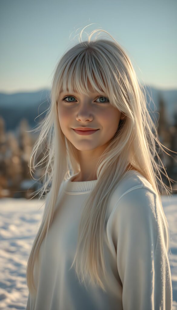 A young Nordic girl with long, flowing white soft fine detailed hair and bangs that frame her heart-shaped face, her dark blue eyes sparkling with warmth, stands in a dreamy, snowy landscape. Her soft, radiant smile illuminates her flawless skin. She wears a white silk sweater that hugs her curves, casting delicate shadows on the snow. The scene is bathed in a soft, golden light, enhancing the ethereal beauty of the moment. The background features a serene, snow-covered forest with distant mountains, adding depth and a sense of tranquility. This composition captures the essence of pure joy and innocence in a captivating, high-resolution 4K image.