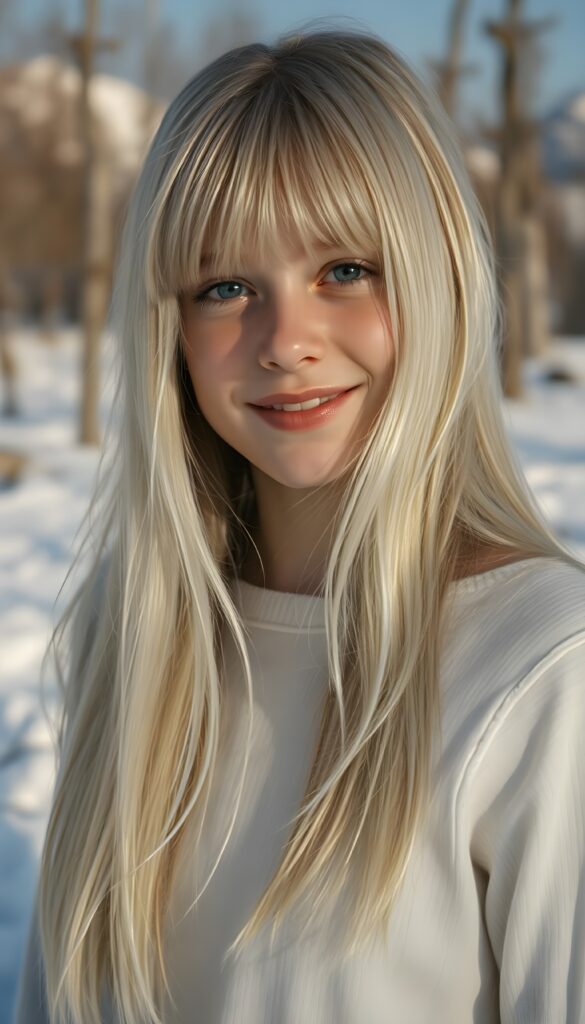 A young Nordic girl with long, flowing white soft fine detailed hair and bangs that frame her heart-shaped face, her dark blue eyes sparkling with warmth, stands in a dreamy, snowy landscape. Her soft, radiant smile illuminates her flawless skin. She wears a white silk sweater that hugs her curves, casting delicate shadows on the snow. The scene is bathed in a soft, golden light, enhancing the ethereal beauty of the moment. The background features a serene, snow-covered forest with distant mountains, adding depth and a sense of tranquility. This composition captures the essence of pure joy and innocence in a captivating, high-resolution 4K image.