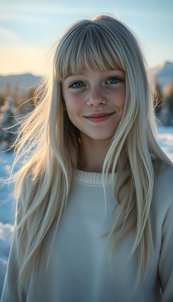 A young Nordic girl with long, flowing white soft fine detailed hair and bangs that frame her heart-shaped face, her dark blue eyes sparkling with warmth, stands in a dreamy, snowy landscape. Her soft, radiant smile illuminates her flawless skin. She wears a white silk sweater that hugs her curves, casting delicate shadows on the snow. The scene is bathed in a soft, golden light, enhancing the ethereal beauty of the moment. The background features a serene, snow-covered forest with distant mountains, adding depth and a sense of tranquility. This composition captures the essence of pure joy and innocence in a captivating, high-resolution 4K image.