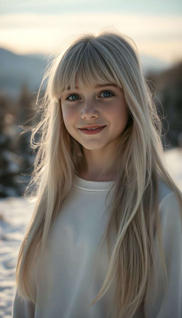 A young Nordic girl with long, flowing white soft fine detailed hair and bangs that frame her heart-shaped face, her dark blue eyes sparkling with warmth, stands in a dreamy, snowy landscape. Her soft, radiant smile illuminates her flawless skin. She wears a white silk sweater that hugs her curves, casting delicate shadows on the snow. The scene is bathed in a soft, golden light, enhancing the ethereal beauty of the moment. The background features a serene, snow-covered forest with distant mountains, adding depth and a sense of tranquility. This composition captures the essence of pure joy and innocence in a captivating, high-resolution 4K image.