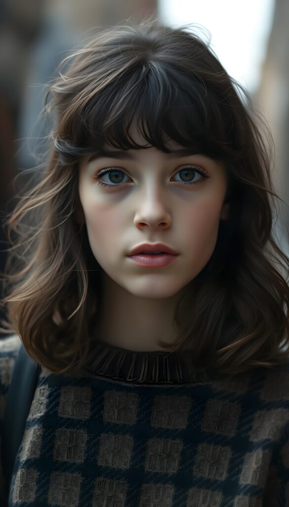 A young Spanish girl with shoulder-length, curly hair, bangs, beautiful lips, dark, large doe eyes, black eyelashes, and flawless skin. She is wearing a fine wool sweater with a brown and black fine check pattern. Perfectly shaped body.