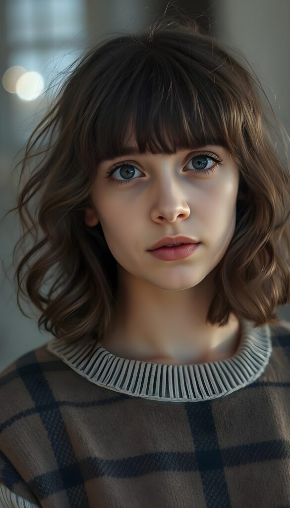A young Spanish girl with shoulder-length, curly hair, bangs, beautiful lips, dark, large doe eyes, black eyelashes, and flawless skin. She is wearing a fine wool sweater with a brown and black fine check pattern. Perfectly shaped body.