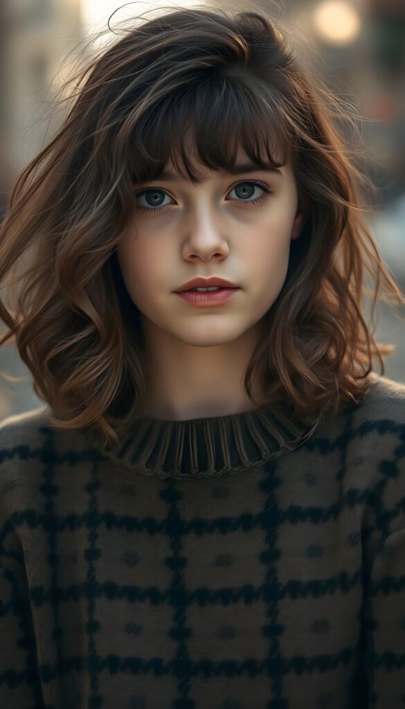 A young Spanish girl with shoulder-length, curly hair, bangs, beautiful lips, dark, large doe eyes, black eyelashes, and flawless skin. She is wearing a fine wool sweater with a brown and black fine check pattern. Perfectly shaped body.