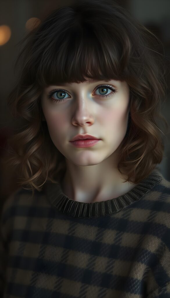 A young Spanish girl with shoulder-length, curly hair, bangs, beautiful lips, dark, large doe eyes, black eyelashes, and flawless skin. She is wearing a fine wool sweater with a brown and black fine check pattern. Perfectly shaped body.