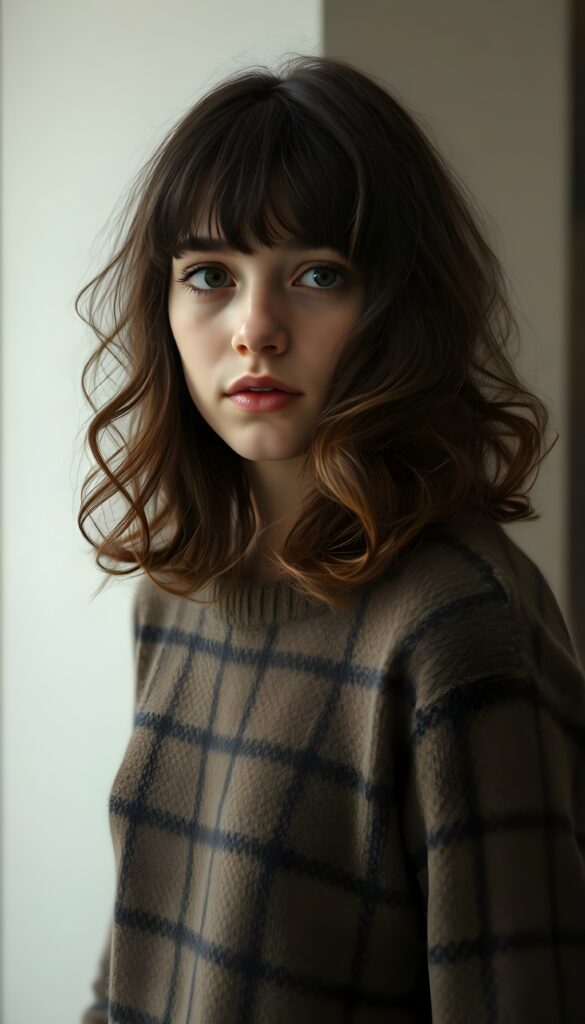 A young Spanish girl with shoulder-length, curly hair, bangs, beautiful lips, dark, large doe eyes, black eyelashes, and flawless skin. She is wearing a fine wool sweater with a brown and black fine check pattern. Perfectly shaped body.