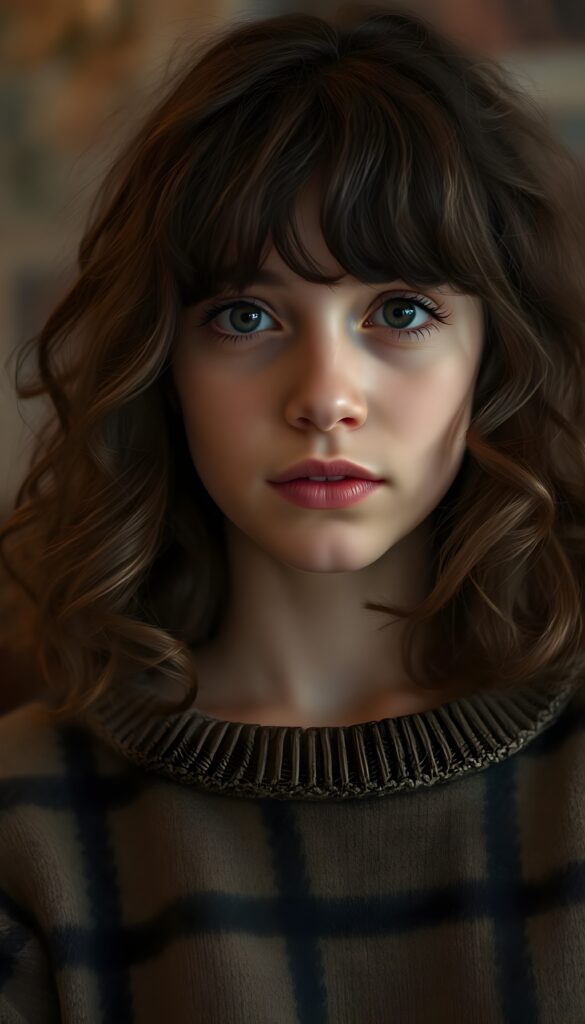 A young Spanish girl with shoulder-length, curly hair, bangs, beautiful lips, dark, large doe eyes, black eyelashes, and flawless skin. She is wearing a fine wool sweater with a brown and black fine check pattern. Perfectly shaped body.