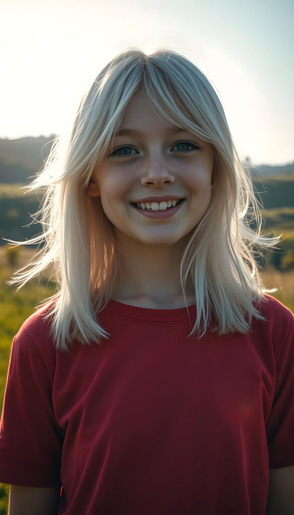 A young Swiss girl with pale skin and shoulder-long, platinum white hair same length right and left, wearing a vibrant deep red t-shirt, stands in a sunlit meadow. Her hair flows gently in the breeze, and her face is lit by a warm, golden glow from the sun, her eyes sparkling with joy. The background features rolling hills with lush green grass and a few scattered trees, creating a serene and idyllic scene. The overall atmosphere is cheerful and inviting, with a soft focus effect enhancing the dreamy quality of the image.